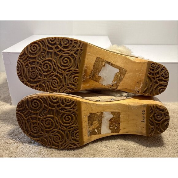 Ugg Clogs Beige Shearling Lined Canvas With Wood Sole Size 7 Womens Studded Mule - Picture 8 of 13